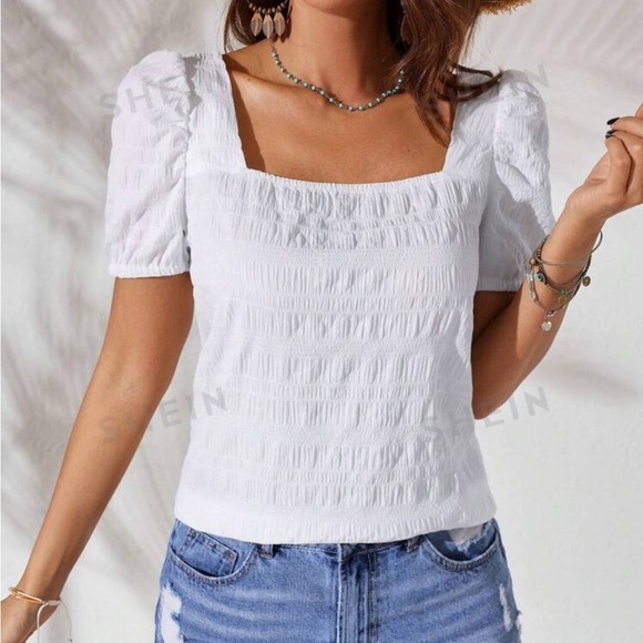 🆕 SHEIN VCAY Summer Holiday White Woven Shirt With Bow-Tie Back Detail - Picture 6 of 10